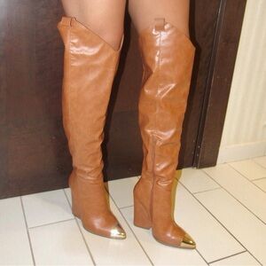Brown Knee-High Women's Boots with Gold Accents